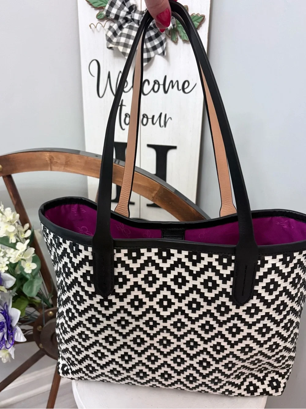 🖤 COLE HAAN Eloise Woven Tote with Magenta Interior